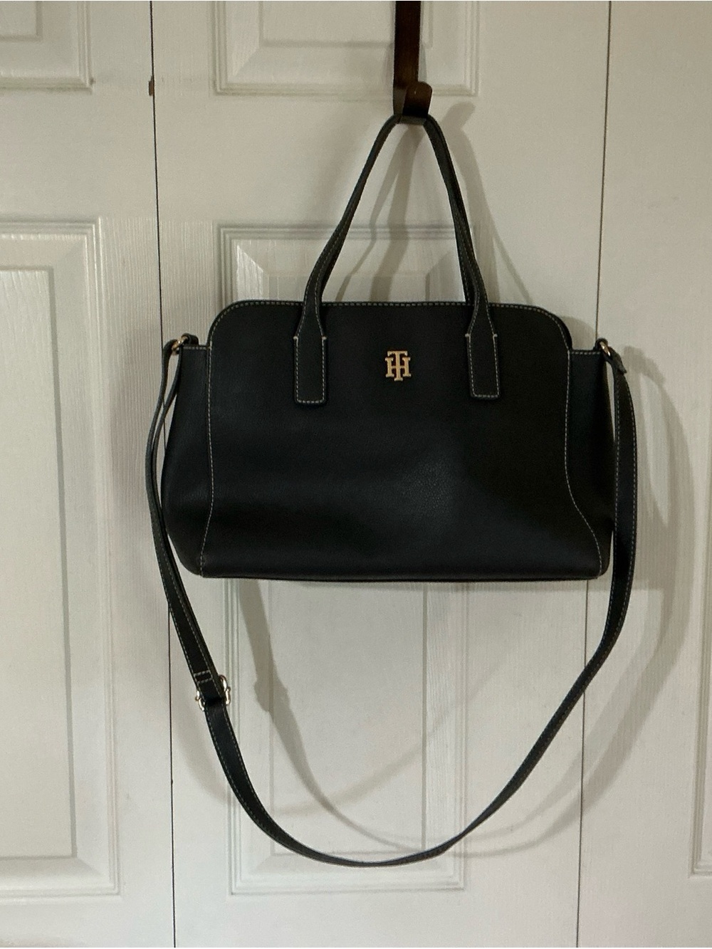 Tommy Hilfiger Black Satchel with Gold Logo and Shoulder Strap